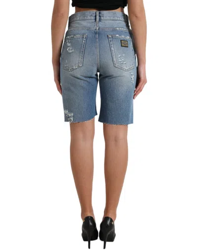 Dolce & Gabbana Blue Tattered Embellished Bermuda Shorts In Blue