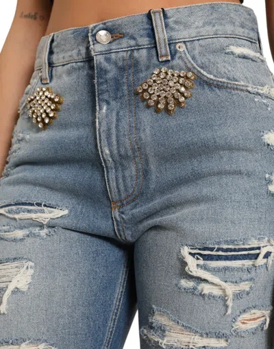 Dolce & Gabbana Blue Tattered Embellished Bermuda Shorts In Blue