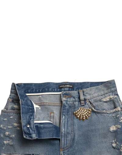 Dolce & Gabbana Blue Tattered Embellished Bermuda Shorts In Blue