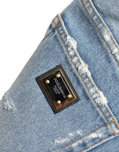 Dolce & Gabbana Blue Tattered Embellished Bermuda Shorts In Blue