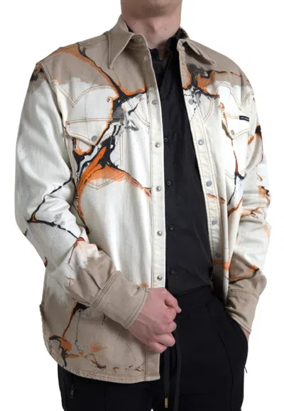 Dolce & Gabbana Multicolor Cotton Collared Denim Shirt In Neutral