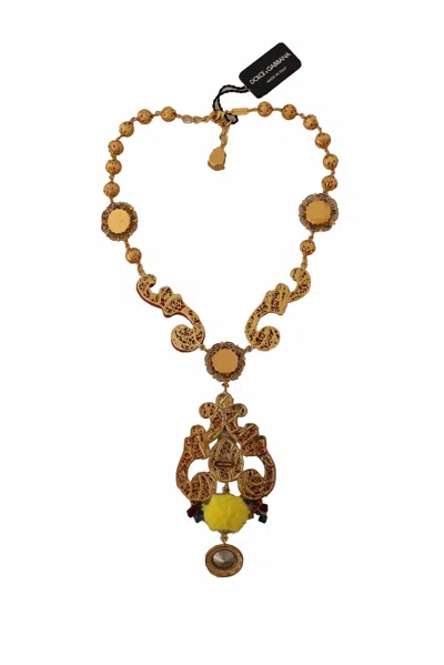 Dolce & Gabbana Gold Brass Carretto Sicily Statement Crystal Chain Necklace In Red