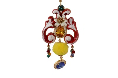 Dolce & Gabbana Gold Brass Carretto Sicily Statement Crystal Chain Necklace In Red