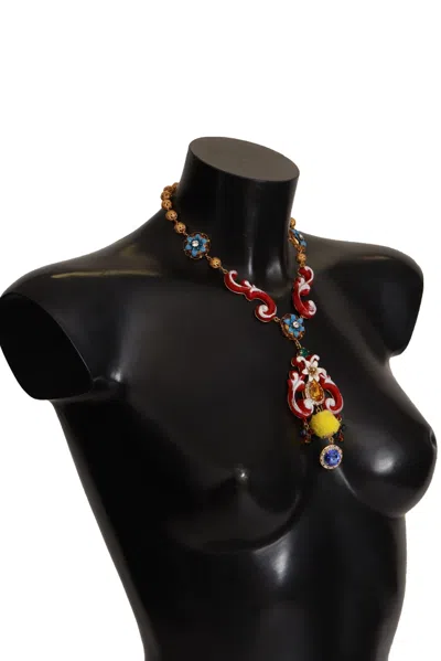 Dolce & Gabbana Gold Brass Carretto Sicily Statement Crystal Chain Necklace In Red