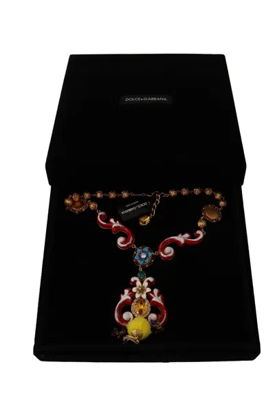 Dolce & Gabbana Gold Brass Carretto Sicily Statement Crystal Chain Necklace In Red