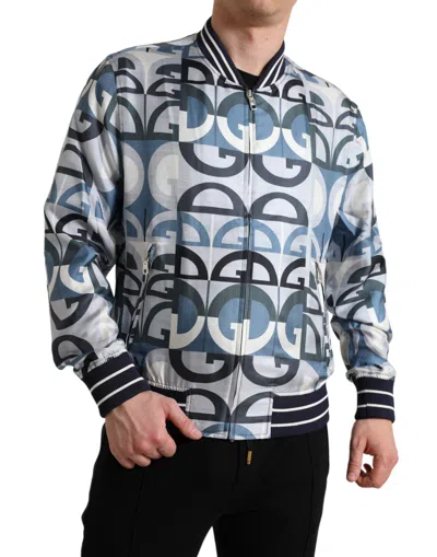 Dolce & Gabbana Multicolor Logo Print Bomber Blouson Jacket In Blue