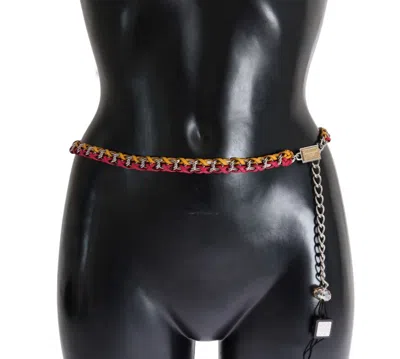 Dolce & Gabbana Red Yellow Leather Crystal Belt In Pink
