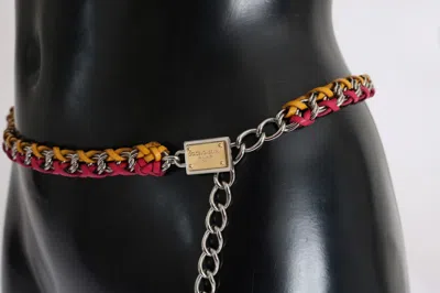 Dolce & Gabbana Red Yellow Leather Crystal Belt In Pink
