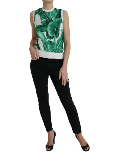 Dolce & Gabbana White Banana Leaf Print Crew Neck Tank Top In Multi