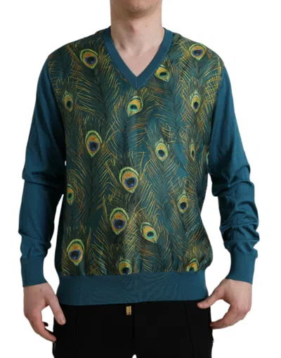 Dolce & Gabbana Green Peacock Feather Pullover Sweater In Blue