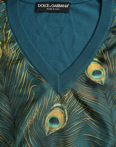 Dolce & Gabbana Green Peacock Feather Pullover Sweater In Blue