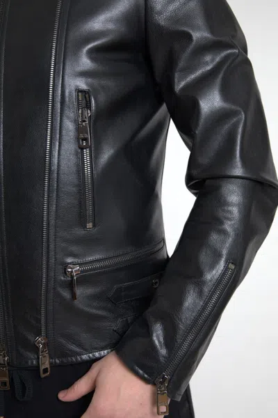Dolce & Gabbana Black Leather Zipper Coat Men Jacket In Black