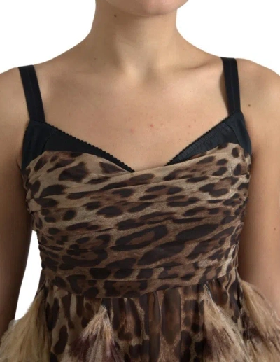 Dolce & Gabbana Brown Leopard Feather Chiffon Sleeveless Dress In Brown