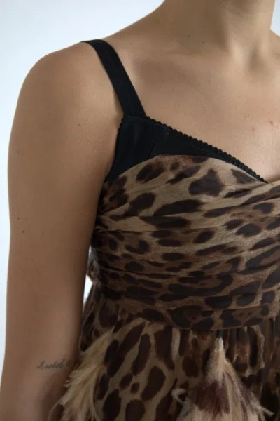 Dolce & Gabbana Brown Leopard Feather Chiffon Sleeveless Dress In Brown