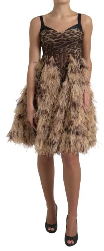 Dolce & Gabbana Brown Leopard Feather Chiffon Sleeveless Dress In Brown