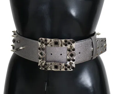 Dolce & Gabbana Silver Leather Crystal Stud Logo Buckle Belt In Gray