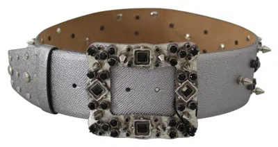 Dolce & Gabbana Silver Leather Crystal Stud Logo Buckle Belt In Gray