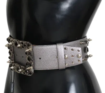 Dolce & Gabbana Silver Leather Crystal Stud Logo Buckle Belt In Gray