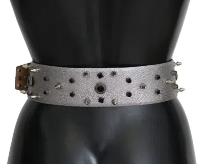 Dolce & Gabbana Silver Leather Crystal Stud Logo Buckle Belt In Gray