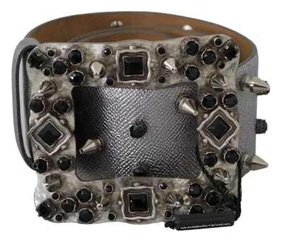 Dolce & Gabbana Silver Leather Crystal Stud Logo Buckle Belt In Gray