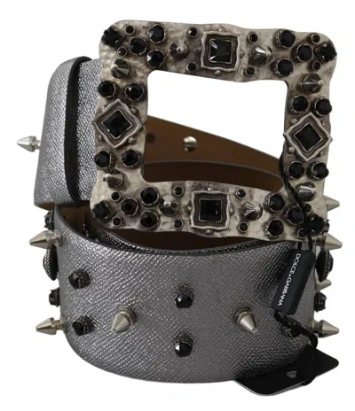 Dolce & Gabbana Silver Leather Crystal Stud Logo Buckle Belt In Gray