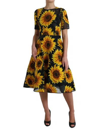 Dolce & Gabbana Black Sunflower Print Nylon A-line Midi Dress In Black