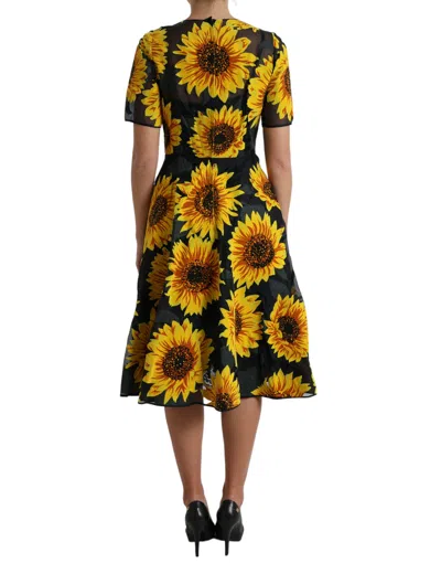 Dolce & Gabbana Black Sunflower Print Nylon A-line Midi Dress In Black