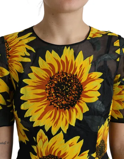 Dolce & Gabbana Black Sunflower Print Nylon A-line Midi Dress In Black