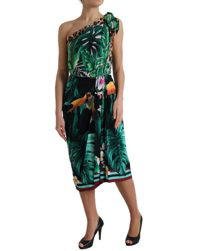 Dolce & Gabbana Tropical Jungle Print One-shoulder Dress In Multi