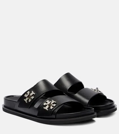 Tory Burch Double Strap Leather Flat Sandals In Black