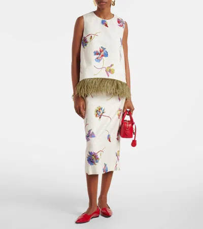 La Doublej La Scala Feather-trimmed Cotton Top In White