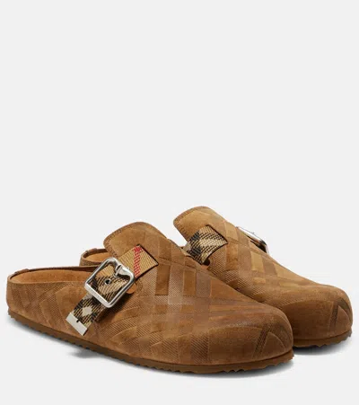 Burberry Suede Slippers With Buckle Detail And Textured Finish In Brown