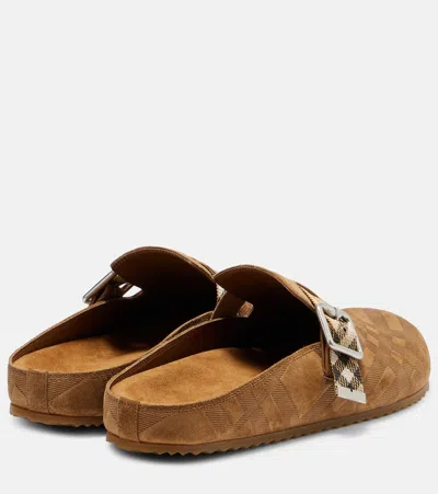 Burberry Suede Slippers With Buckle Detail And Textured Finish In Brown