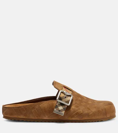 Burberry Suede Slippers With Buckle Detail And Textured Finish In Brown