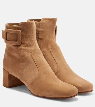 Roger Vivier Suede Buckle Block Heel Ankle Bootie In Neutral
