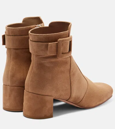 Roger Vivier Suede Buckle Block Heel Ankle Bootie In Neutral