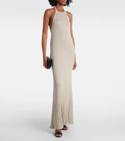 Tom Ford Lurex Rib Halter Neck Long Dress In Neutral