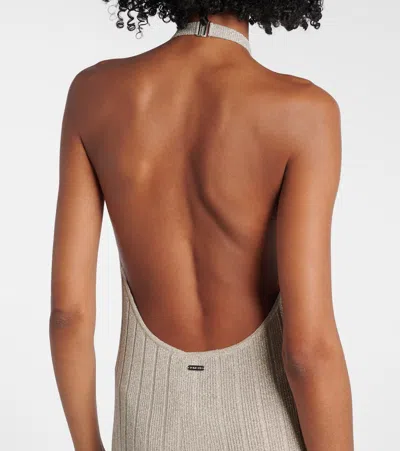 Tom Ford Lurex Rib Halter Neck Long Dress In Neutral