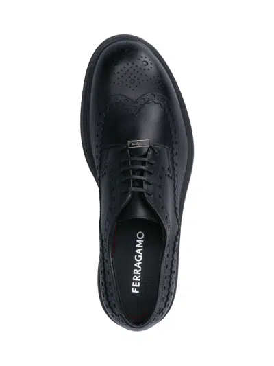 Ferragamo Lace Brogue Shoes Round Toe Rubber Sole In Black