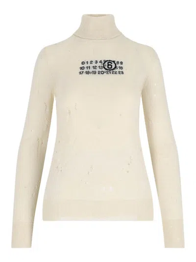 Mm6 Maison Margiela Distressed Crewneck Knitwear With Ribbed Finish In White