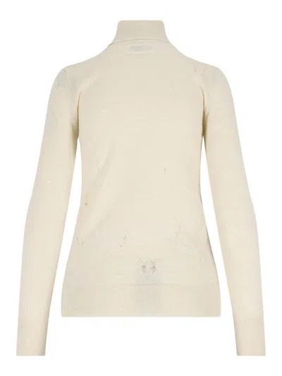 Mm6 Maison Margiela Distressed Crewneck Knitwear With Ribbed Finish In White