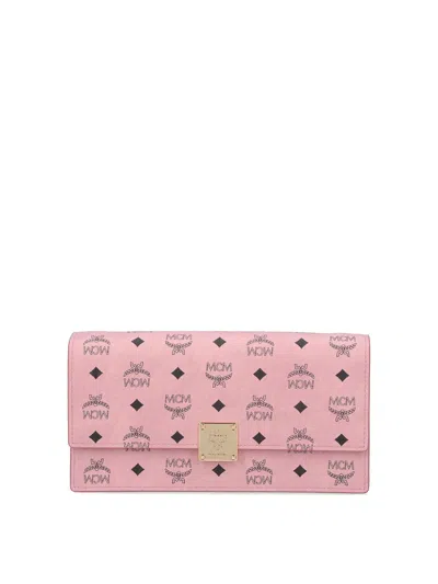 Mcm Large Wallet With Logo Shoulder Strap In Pink