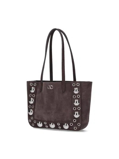 Valentino Studded Suede Double Handles Shoulder Bag In Brown