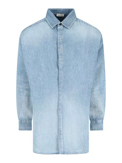 Fear Of God Light Blue Shirt With Faded Denim Effect In Animal Print