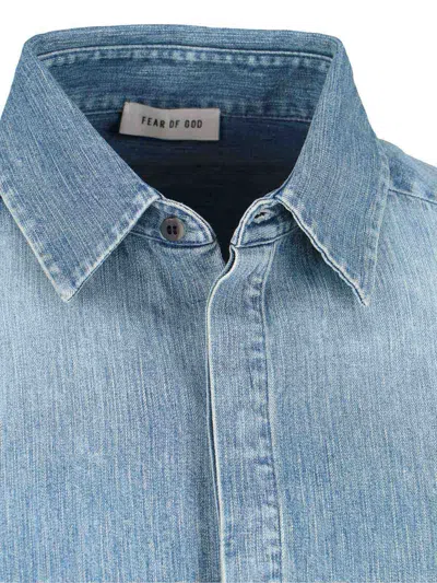 Fear Of God Light Blue Shirt With Faded Denim Effect In Animal Print