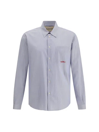 Valentino Striped Shirt With Embroidered Logo In Blue