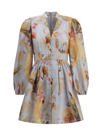 Zimmermann Ascension Light Blue Mini Dress With Flared Skirt And All-over Print In Linen Woman In Neutral