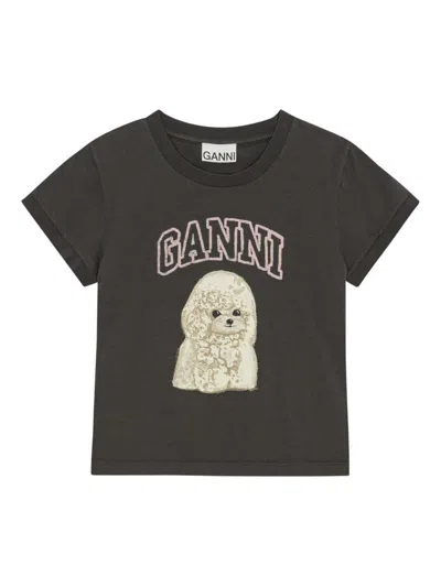 Ganni Women Black T-shirt With Round Neck And Maxi Logo On The Front In Cotton Woman In Black