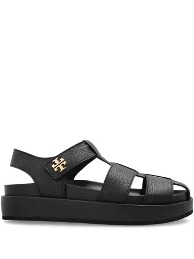 Tory Burch Kira Black Sandals With Logo Plaque In Grained Leather Woman In Black