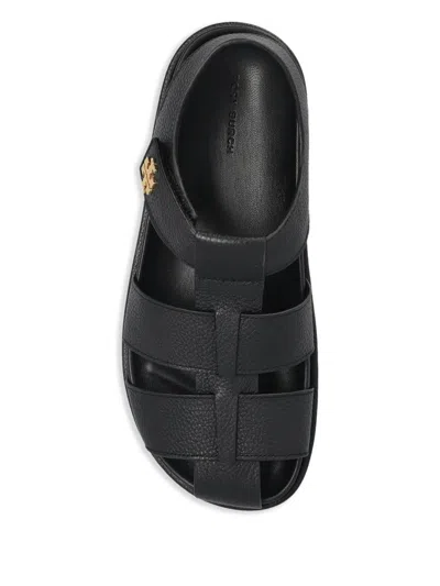 Tory Burch Kira Black Sandals With Logo Plaque In Grained Leather Woman In Black
